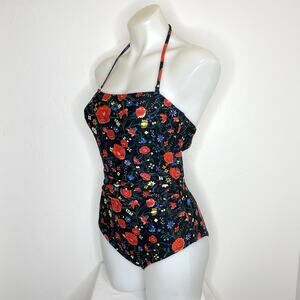 J Crew One Piece Halter Swimsuit Womens Black Red Floral Ruched